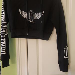 Black Cropped Hoodie with Winged Logo